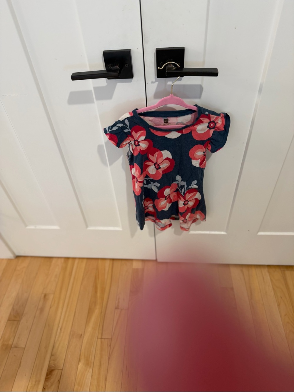 Tea Collection Navy Floral Short Sleeve Dress with Pink and Coral Blooms